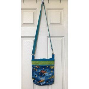 Colorful Sea Turtles Fish Cotton Shoulder Handbag 11" X 9" Blue Green Teal Ocean
